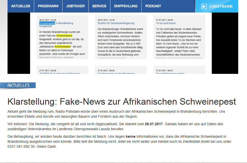 Klarstellung: Fake-News zu angeblichem ASP-Ausbruch in Brandenburg