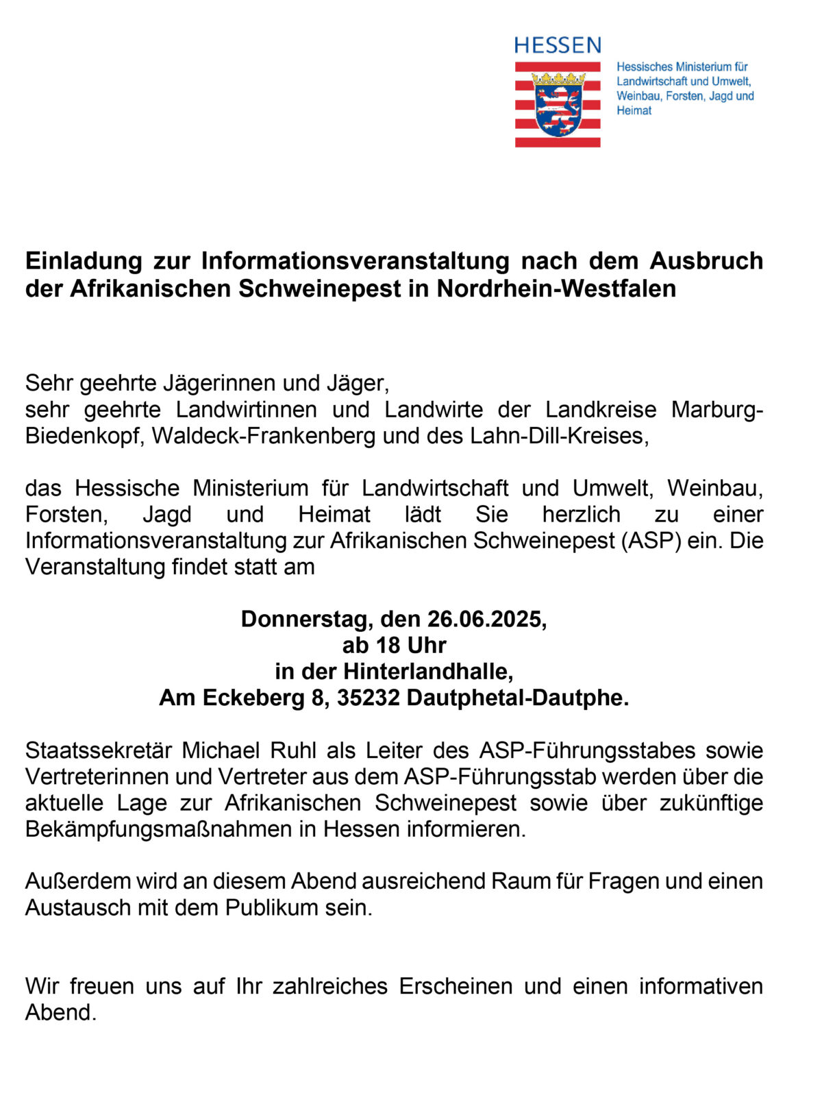 Das HMLU lädt ein: Informationsabend zur Afrikanischen Schweinepest (ASP)